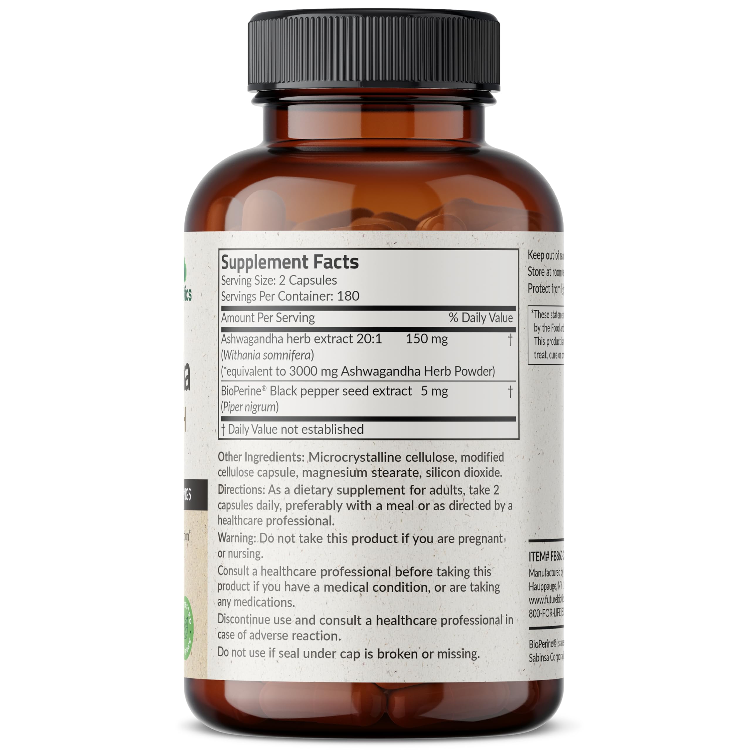 Futurebiotics Ashwagandha Extra Strength Stress & Mood Support with BioPerine - Non GMO Formula, 360 Vegetarian Capsules