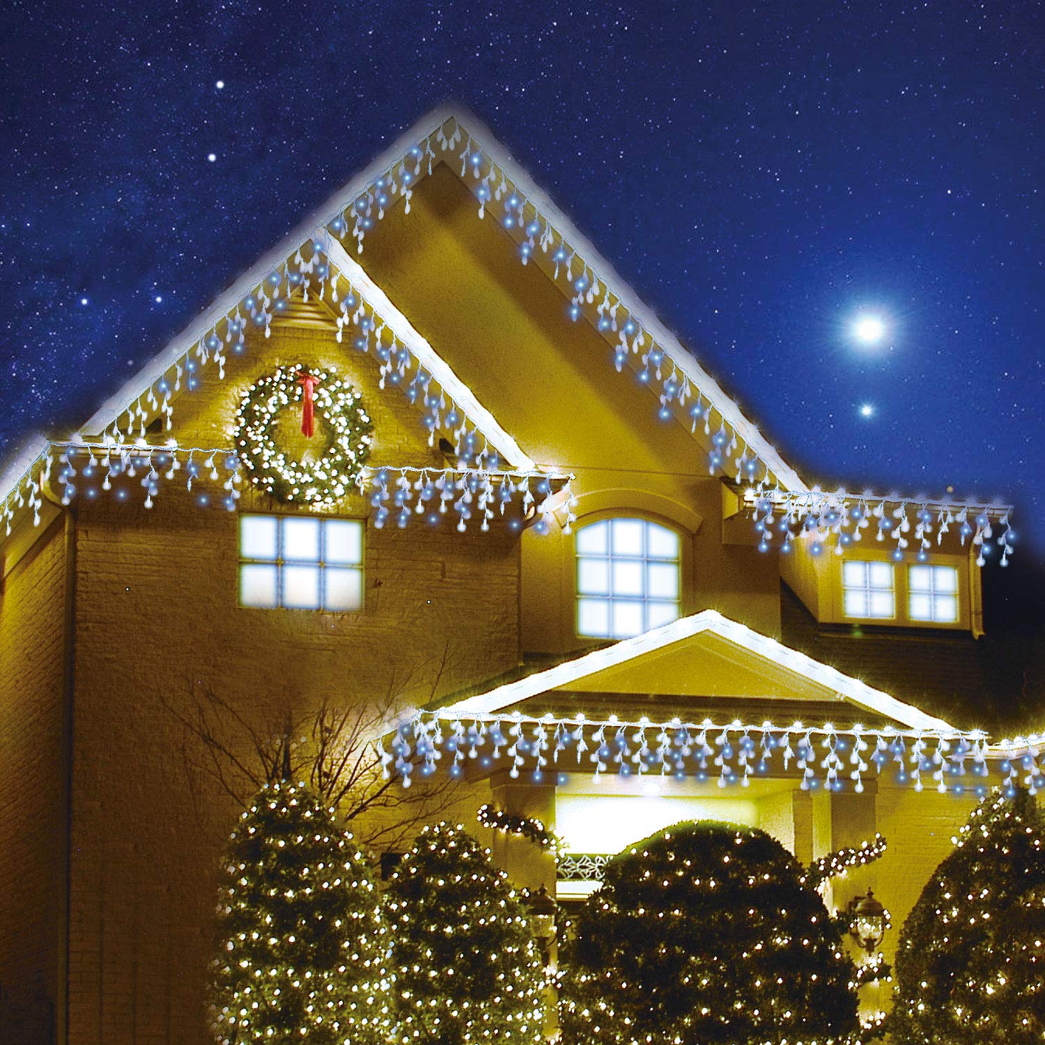 Sentik480 LED Snowing Icicle Lights Ultra Bright Party Wedding Christmas Xmas Indoor and Outdoor Lights, Blue & White