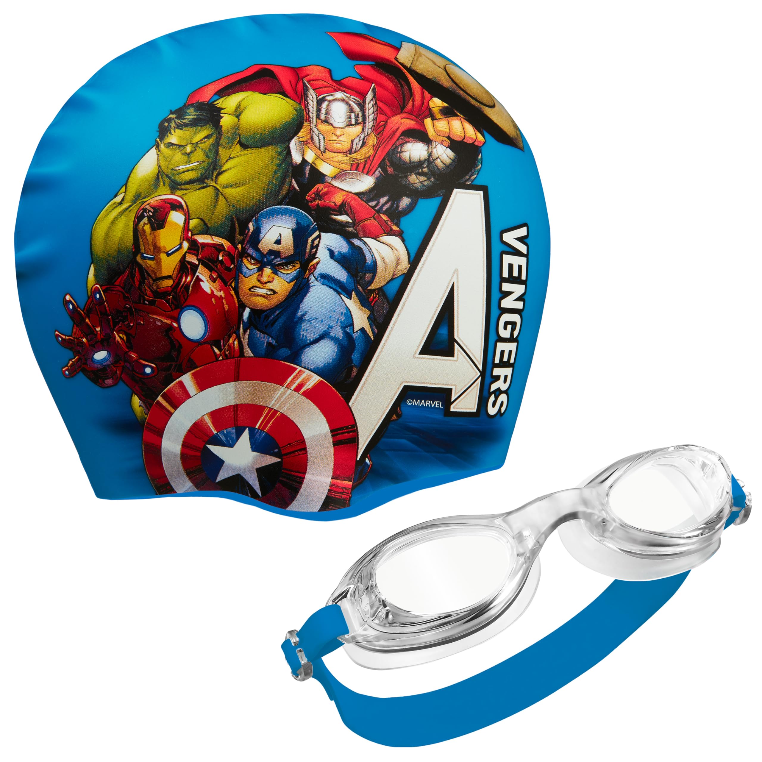 Marvel Children's Swimming Goggles and Swimming Cap Set Anti-Fog UV Protection (Blue Avengers, 6-14 Years)