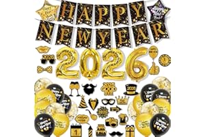 New Years Eve Party Supplies,2026 Happy New Year Decorations Kit,Banner Photo Booth Props Black & Gold, Latex Balloons/Foil B