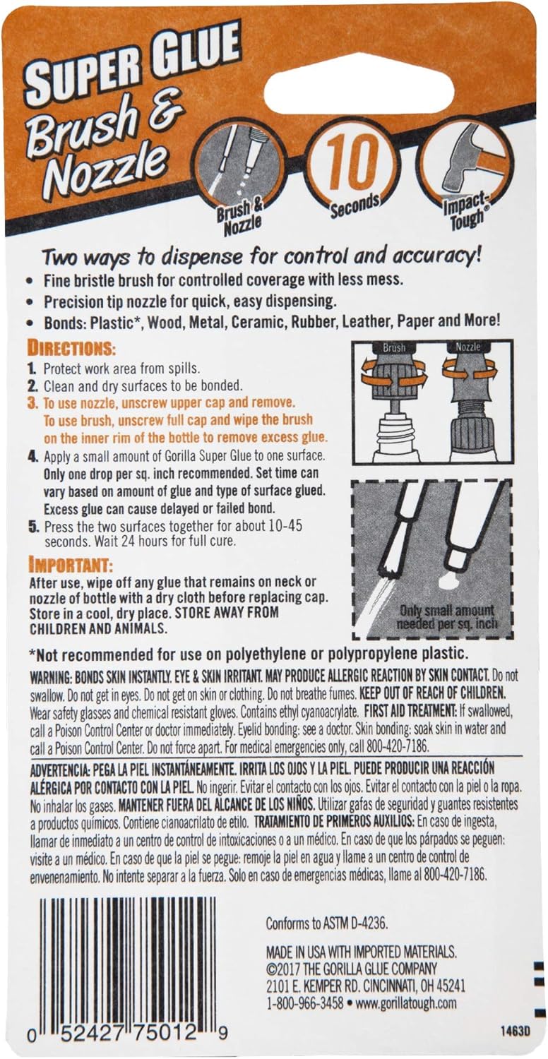 Gorilla Super Glue with Brush & Nozzle Applicator, 12 Gram, Clear, (Pack of 1) - - 