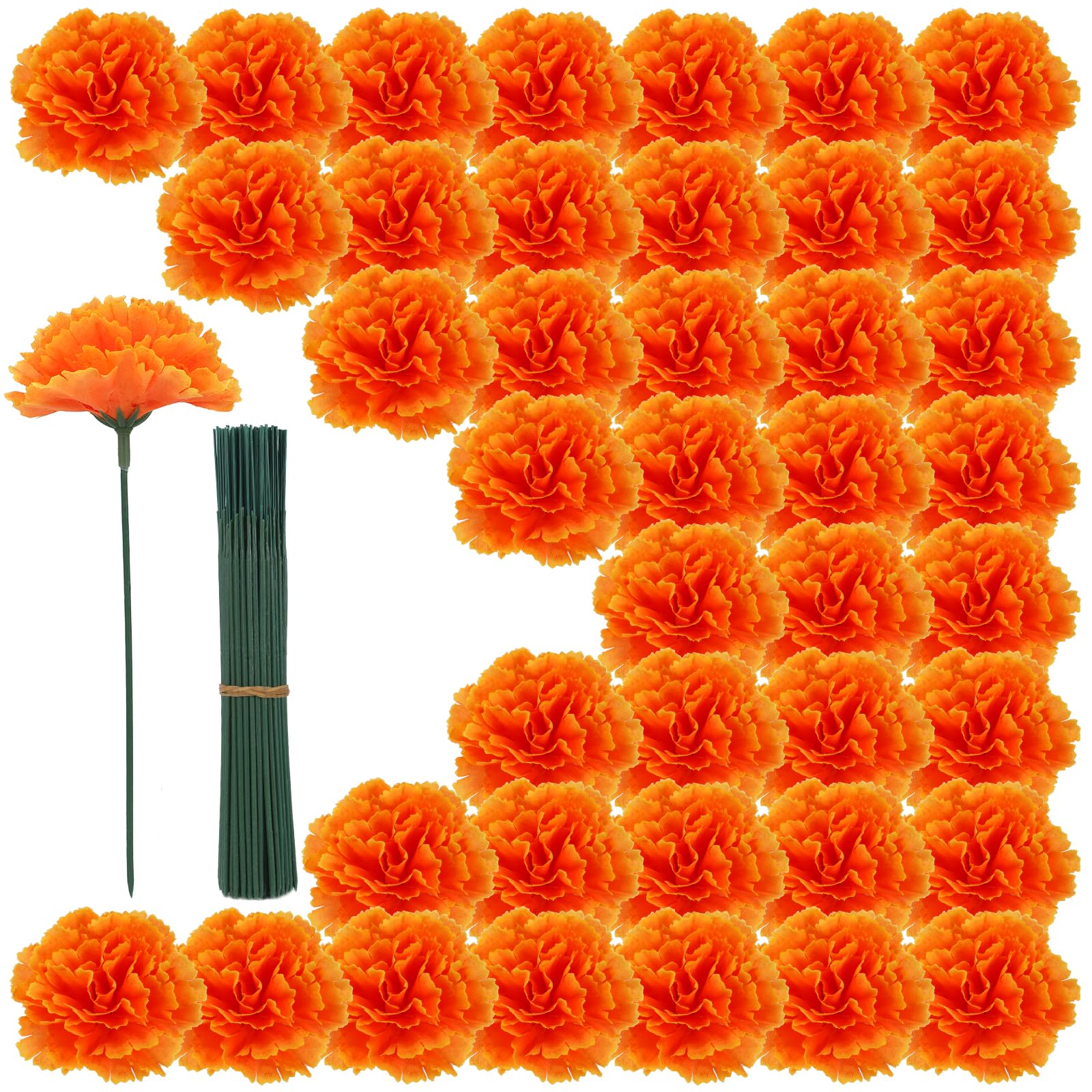 Photo 1 of 100PCS Marigold Flower Heads with Stems – Artificial Cempasuchil Flowers for Día de Los Muertos Altar, Day of The Dead Decorations, Halloween, Mexican Party, DIY Garland & Wreath Décor?Orange?