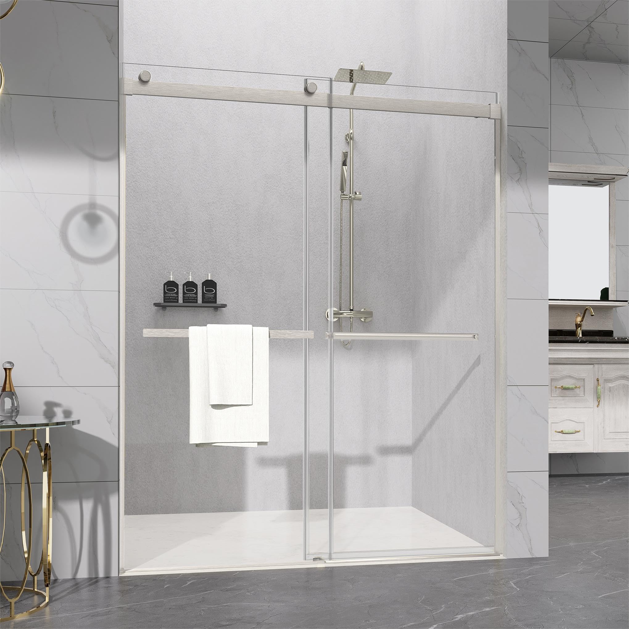 Photo 1 of ***FACTORY SEALED******TRUCK/TRAILER PICKUP ONLY***Sunrosa Shower Door 60"×76", Double Sliding Shower Door, Frameless Shower Door with Tempered Glass, Shower Glass Door in Brushed Nickel