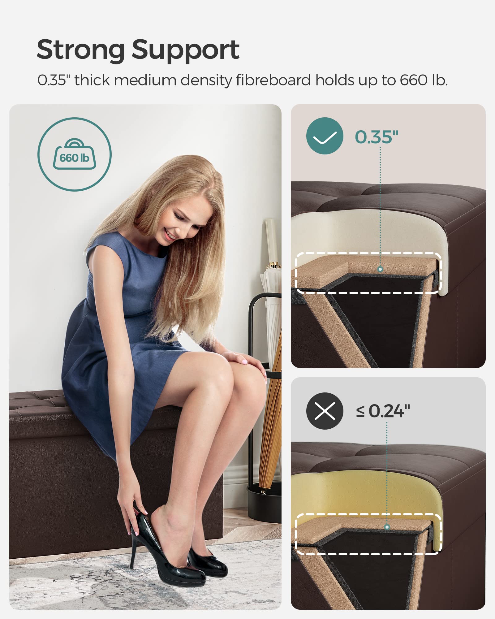 SONGMICS MAZIE Collection - 30 Inches Storage Ottoman Bench with Flipping Lid, Storage Chest Footstool, Load 660 lb, for Entryway, Living Room, Bedroom, Synthetic Leather, Brown ULSF45BR