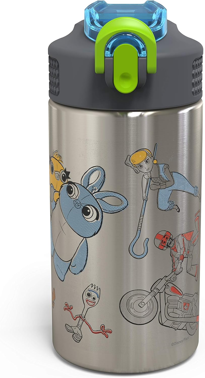Zak Designs Toy Story 4 Buzz Woody & Friends 15.5 ounce Water Bottle,with Straw Non-BPA One Hand Operation Action Lid and Built-in Carrying Loop, is Perfect for Kids