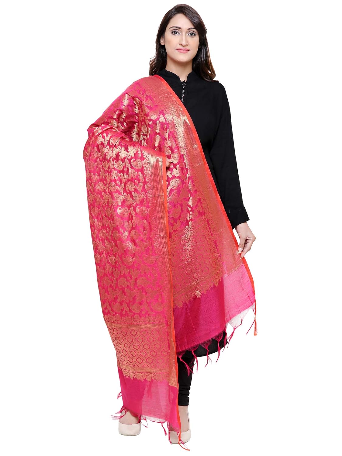 loom legacy women's silk cotton banarsi jacard dupatta (lh-673_magenta_90x250 cms)