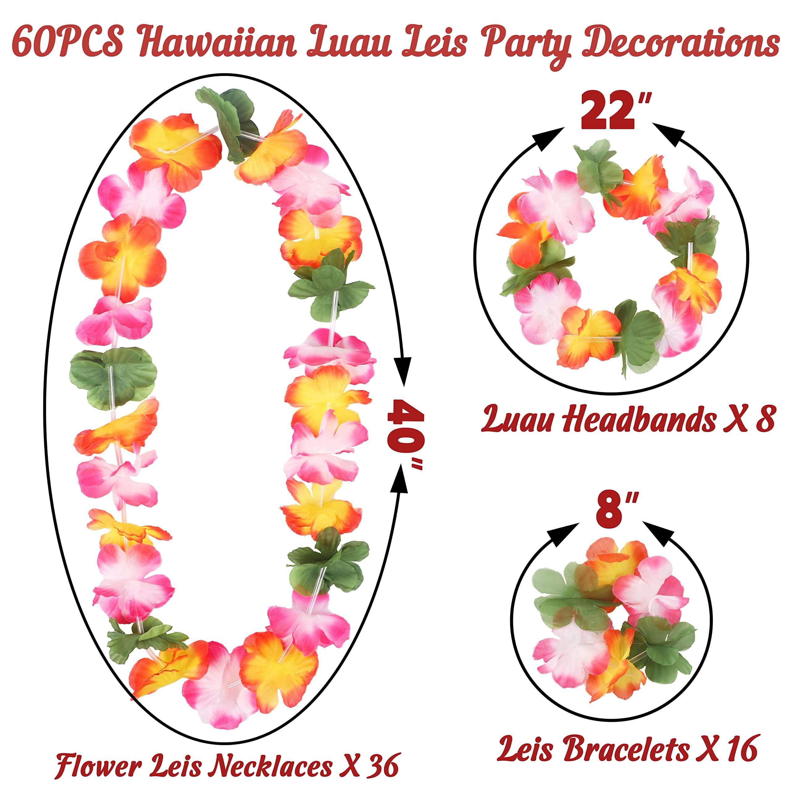 jollylife 60PCS Hawaiian Luau Leis Necklaces Bracelets Headbands Tropical Hibiscus Flowers Tiki Summer Pool Party Favors Supplies Decorations