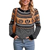 Drvitor Women's Vintage Fair Isle Pullover Sweater Casual Fit Dressy Crewneck Long Sleeve Lightweight Knit Tops