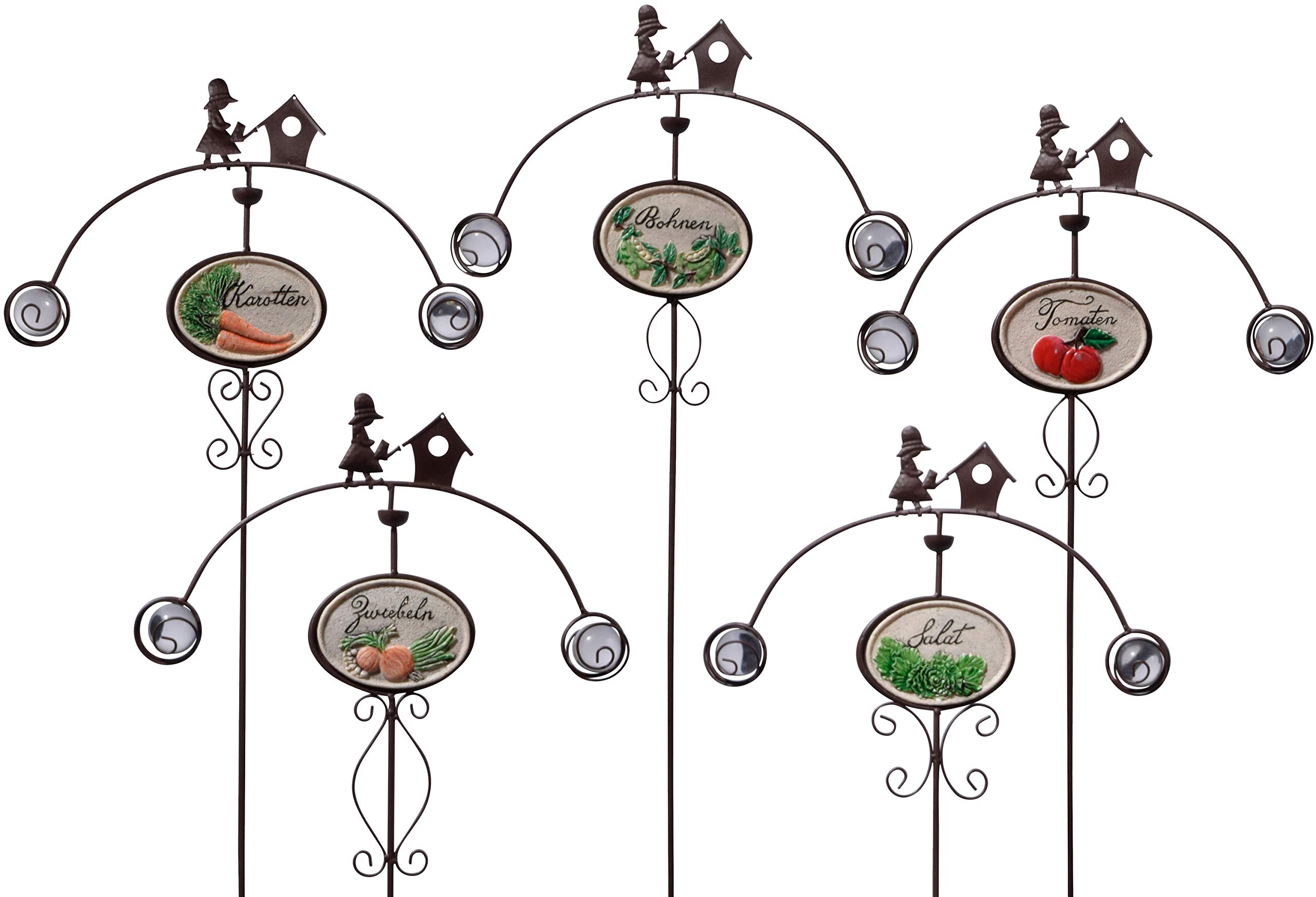 dobar 12830e 5-Piece Garden Stake Set, Metal Decorative Sticks for Vegetable Garden, Tomato, Salad, Carrot, Beans, Onions, 110 x 40 cm, Brown