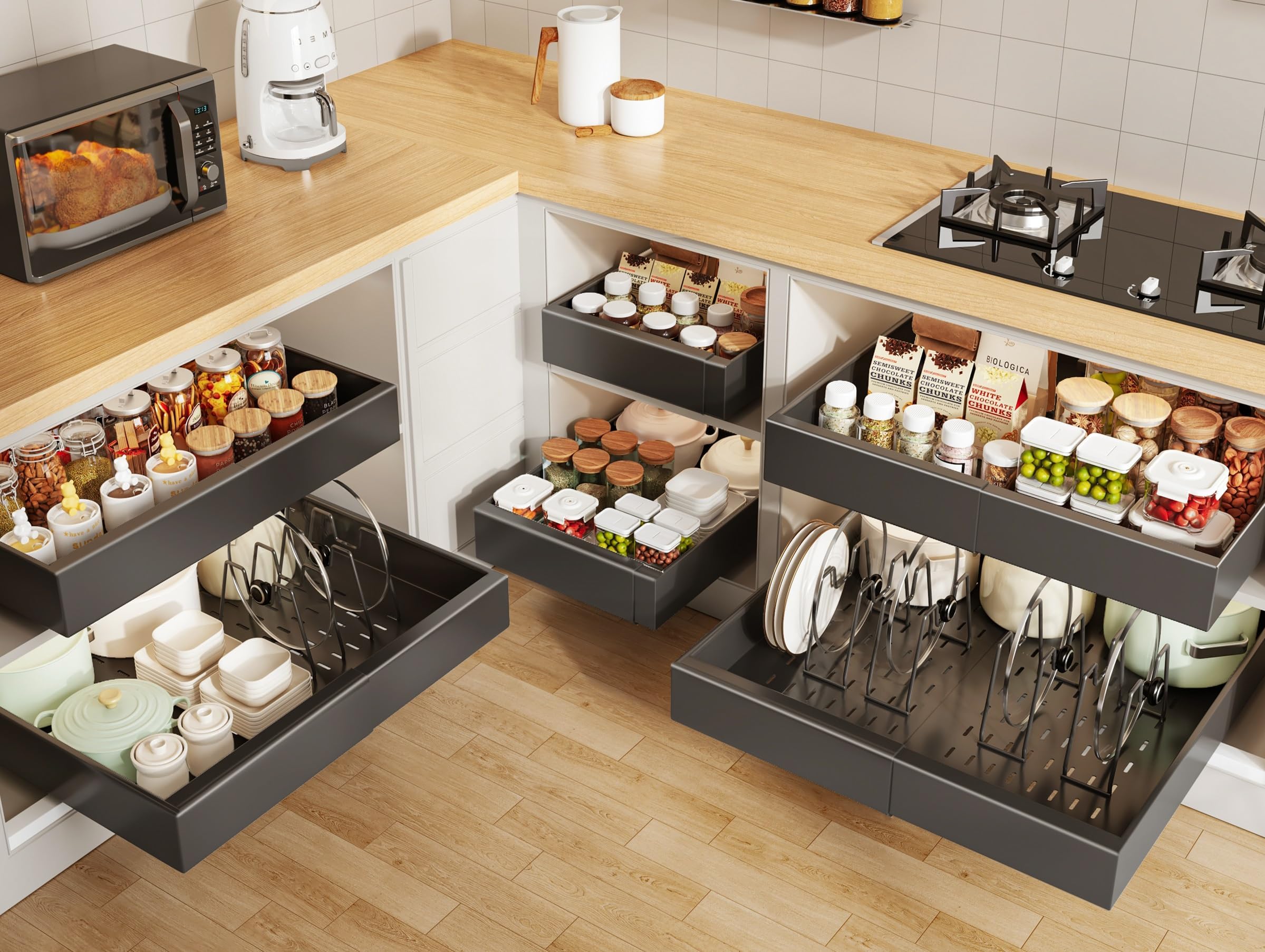 Seinloes 6 Pack Pull out Cabinet Organizer 21"Deep with Raising Pad for Framed Cabinets, Expandable Slide out Drawers for Kitchen Cabinets with 6pcs Divider Racks, Roll out Shelves 12.1"-20.4" W Black Image