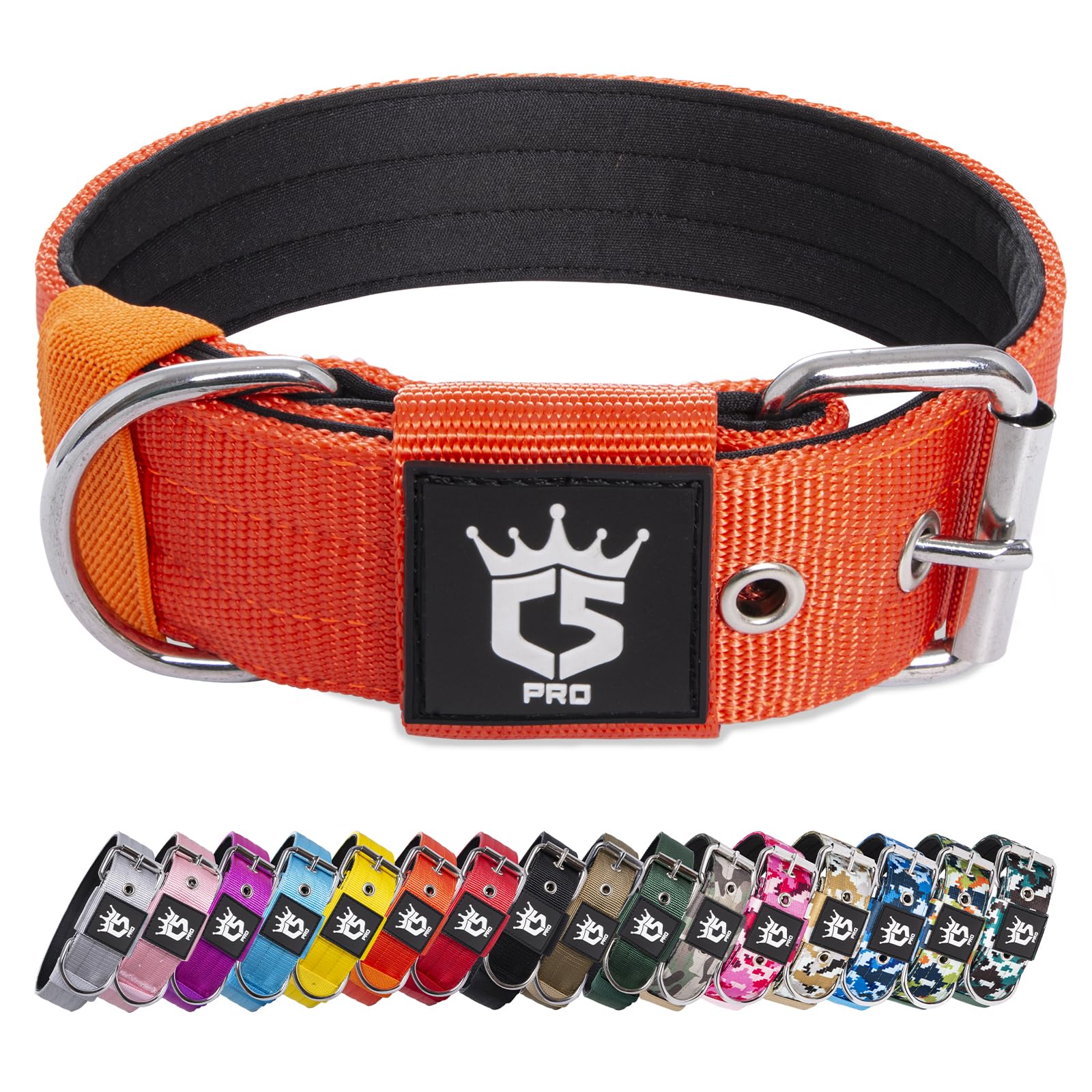 TSPRO Heavy Duty Tactical Dog Collar 1.5" Wide, Padded Dog Collar with Metal Buckle, Adjustable for Walking Training Outdoor for Medium Large Dogs (Orange, M) — image 1