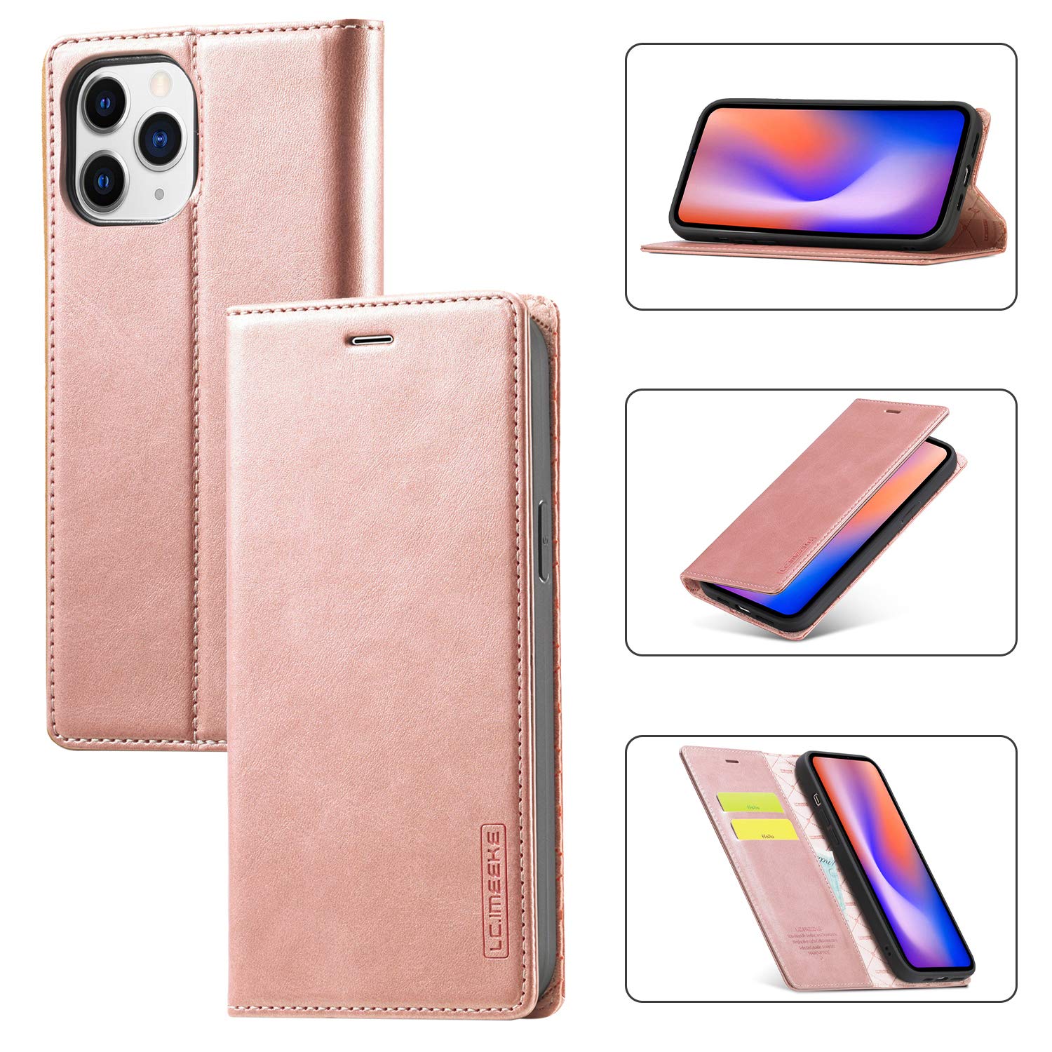 EYZUTAK Case Compatible with iPhone 12/iPhone 12 Pro 6.1 inch 2020, Vintage Classic Matte Leather Wallet Case Flip Notebook Style Cover with Magnetic Closure Kickstand Card Slots - Rose Gold