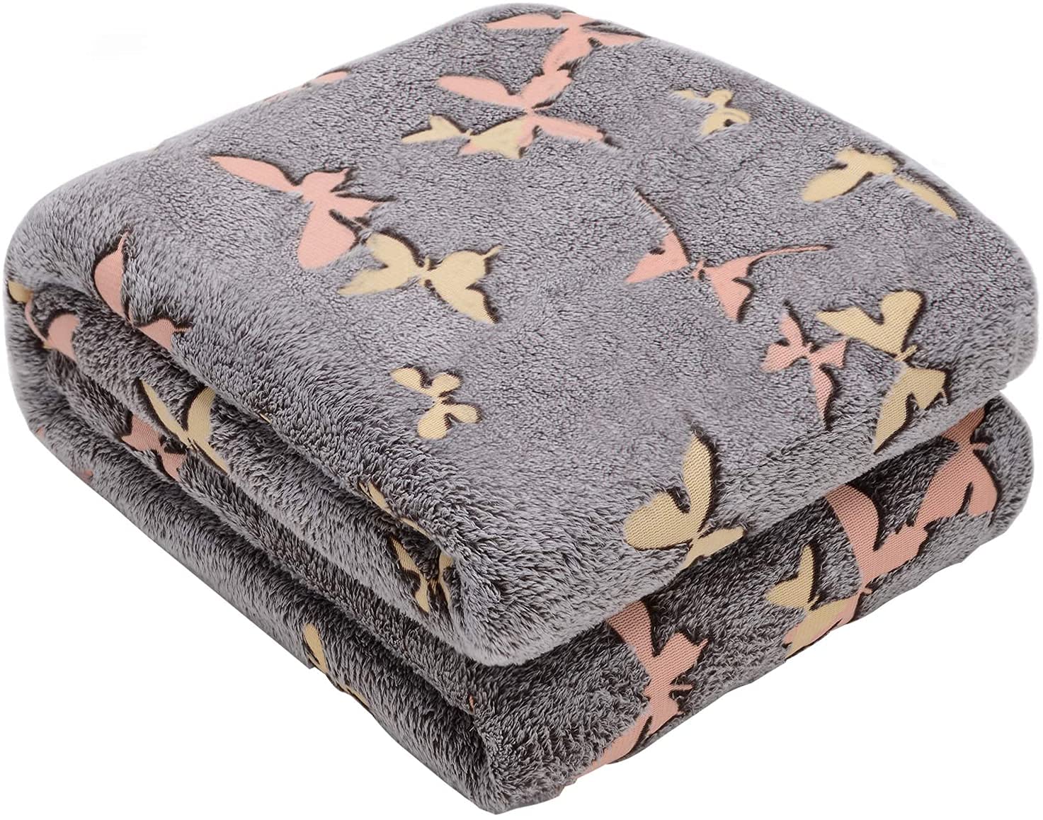 Kanguru Fleece Blanket Glow in the Dark Butterflies, Super Soft, Cozy, fluffy, Warm, Throw Fleece Blanket Microfiber for Sofa, Bedroom, Couch, Travel, Kids, Grey, Size 130 x 150 cm