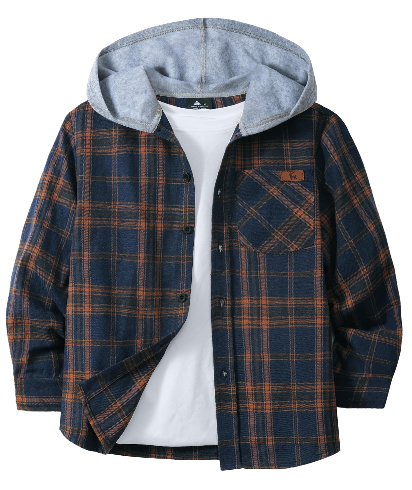 Photo 1 of Boys Flannel Shirt with Hood Unisex Kids Long Sleeve Button Down Plaid Shirts for 6-15 Years Navy Orange