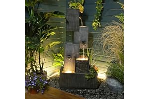 Tankana Outdoor Water Fountain Garden Waterfall - Large 4-Tier Modern Patio Fountains Feature with LED Lights for Backyard Deck Porch Pool Outside (Gray, 3.5 ft Tall)