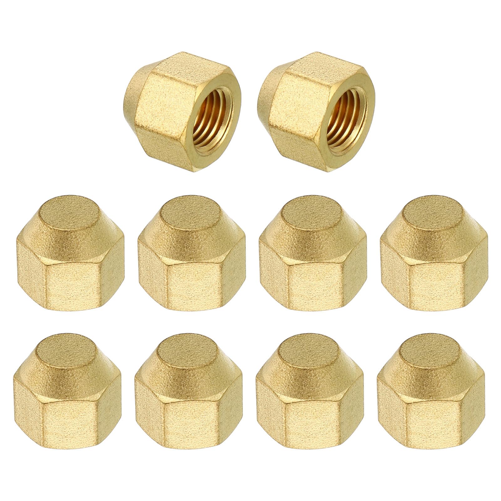 PATIKIL 1/4" Brass Flare Cap, 7/16-20UNF Female Thread 10Pcs SAE Flare Fitting 45 Degree Hex Pipe Fittings for Air Conditioner Refrigeration