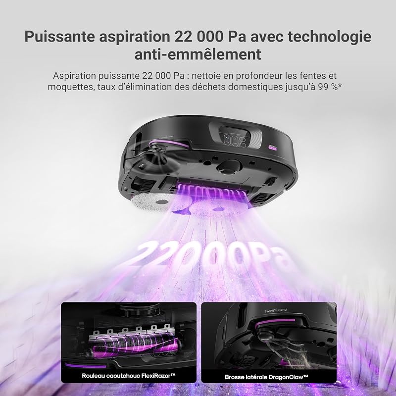 Robot Aspirateur Laveur. Serpillière & Brosse latérale Extensible, Aspiration 22000 Pa. Station autonettoyante, Lavage serpillière Eau 80℃, IntelliView 2.0, Anti-emmêlement, Noir,J15 Max Ultra