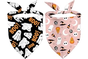 GHSJYO Halloween Dog Bandanas, Fall Puppy Pets Scarf Boo, Ghost, Pumpkin,Triangle Reversible Dog Kerchief 2 Pack (Halloween-03)