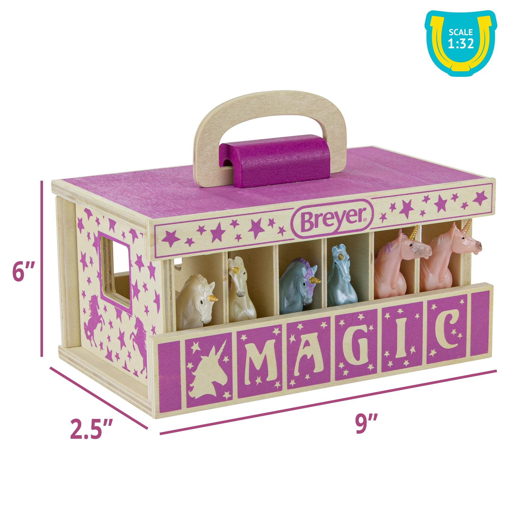 Breyer Unicorn Magic Wooden Carry Stable Playset with 6 Unicorns – Unicorn Gifts for Girls | Toys for Kids Ages 4–8 | Hand-Painted Horses in Carrying Case | Imaginative Play Set