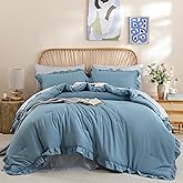 JANZAA Comforter Set Full Size Mineral Blue Ruffle Comforter 3PCS Soft Fluffy Comforter Vintage Farmhouse Bed Comforter Set Shabby Chic Bedding with 2 Pillowcases