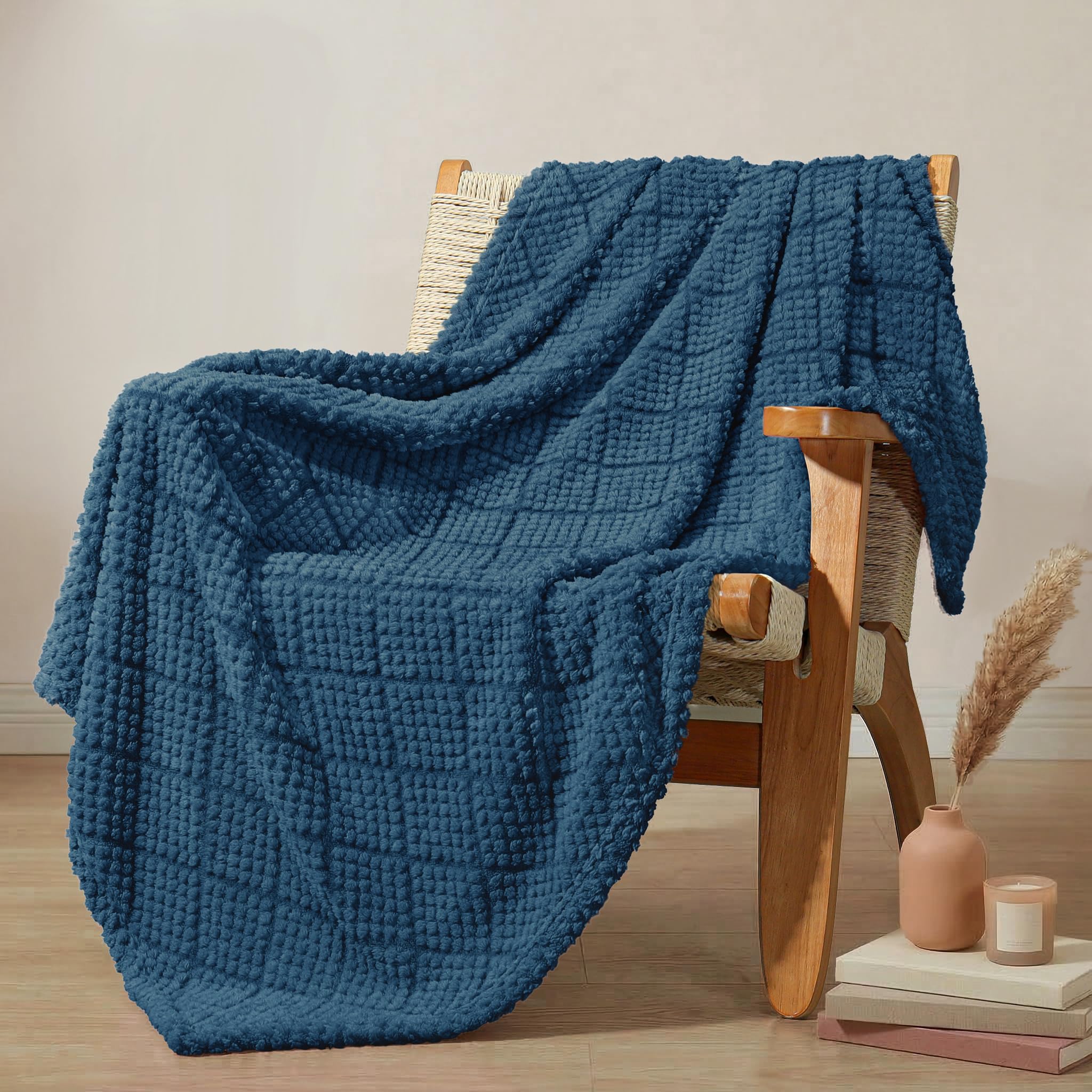 Whale Flotilla Fuzzy Fleece Throw Blanket for Sofa, Couch, Bed, 130x150 CM Soft Fluffy Jacquard Waffle Blankets for All Season, Lightweight and Warm, Navy Blue