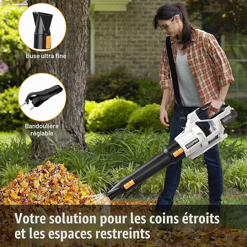Souffleur de Feuilles sans Fil 21V, 2 Batteries 4,0Ah Incluses, 3 Vitesses Réglables, 2 Tubes de Soufflage Amovibles, Bandoulière – pour Jardin, Terrasse et Nettoyage Extérieur