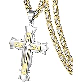 JUNOVUROS Stainless Steel Jesus Christ Cross Pendant Necklace for Men, 20 to 28 In Rolo/Byzantine Chain, 2 Sizes of Religious Jewelry with Silver/Gold/Black