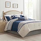 Madison Park Palisades Comforter Set Modern Faux Suede Pieced Stripe Design, All Season Down Alternative Cozy Bedding with Matching Shams, Decorative Pillows, Queen(90"x90"), Multicolor, 7pcs