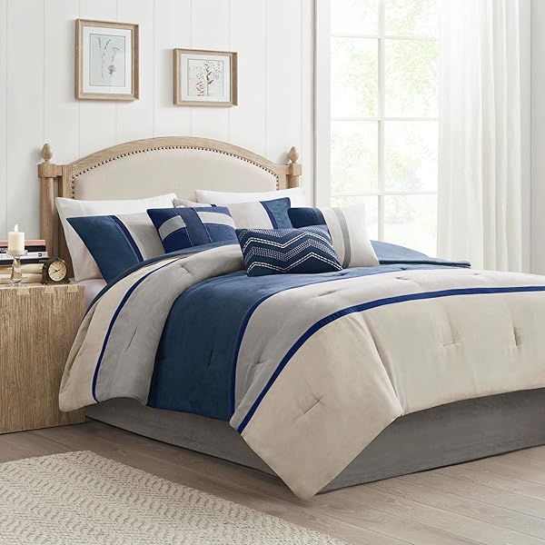 MADISON PARK PALISADES COMFORTER SET MODERN FAUX SUEDE PIECED STRIPE DESIGN, ALL SEASON DOWN ALTERNATIVE COZY BEDDING WITH MATCHING SHAMS, DECORATIVE PILLOWS, CAL KING(104″X92″), BLUE 7 PIECE