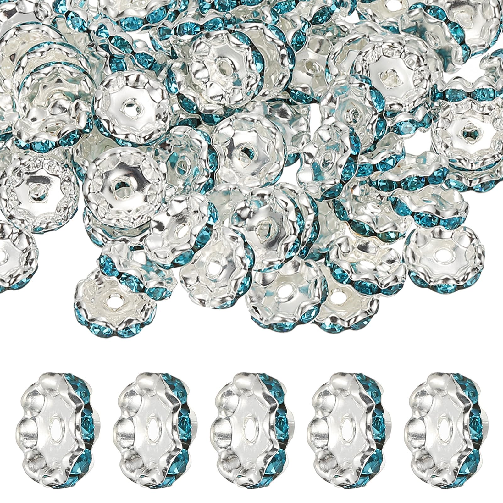 PATIKIL 12mm Wavy Rhinestone Spacer Beads, 200Pack Loose Jewelry Making Spacers Beadable Rondelle Diamond Beads DIY Bracelets Pen Silver Plated for Craft Supplies Decor, Lake Blue