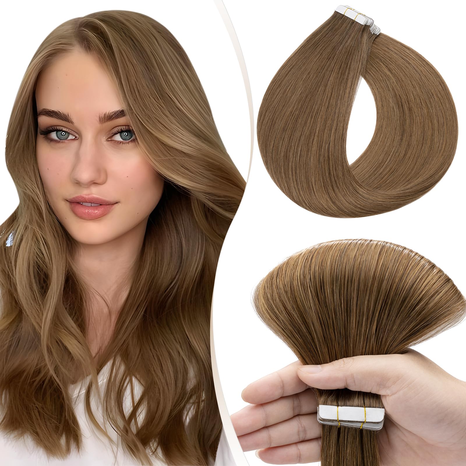 Elailite Tape in Hair Extensions Human Hair Real Human Hair 10 Pcs Invisible Thin Type - Seamless Skin Weft Remy Hair Extension (#6 Light Brown, 18 Inch-15g)