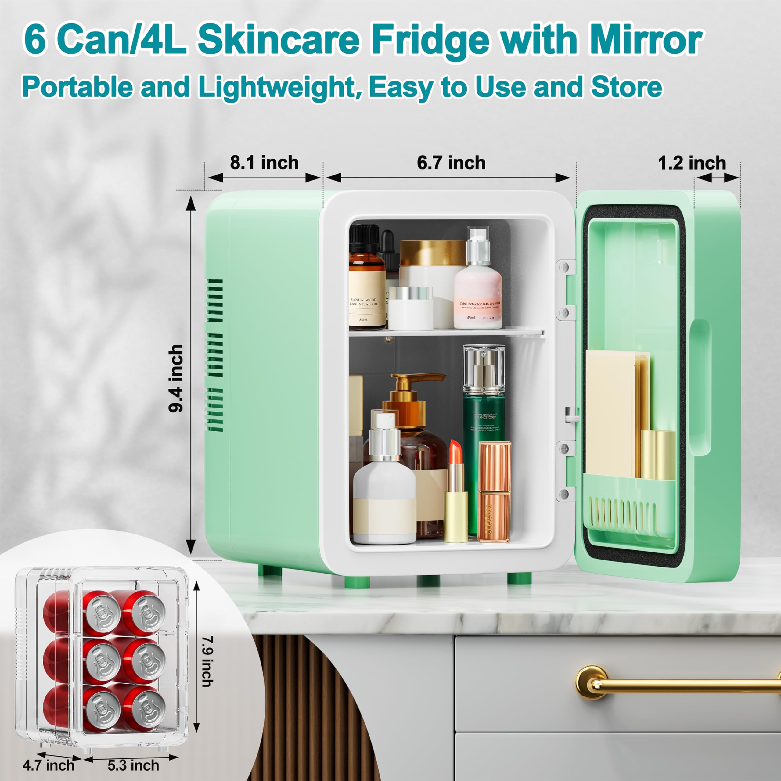 Arcmira Mini Skincare Fridge With Dimmable LED Light Mirror, 4L Makeup Fridge Cooler and Warmer for Bedroom, Car, Office, Portable Small Refrigerator AC/DC Powered for Cosmetics and Food, Green