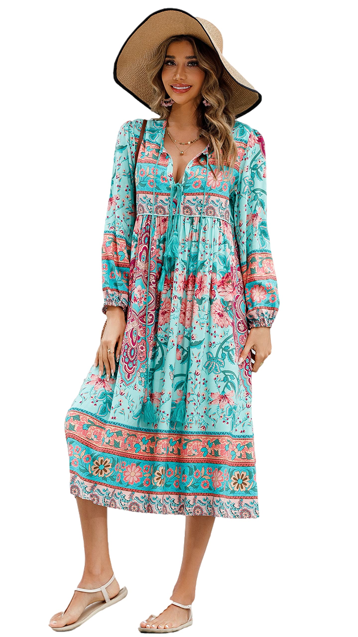 the KIMONO - Fashion Vintage Long Sleeve Floral Printed Bohemian Lapel Neck Loose Cotton Dress main image 0
