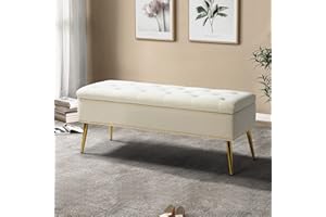 HULALA HOME Modern Velvet Storage Ottoman Bench with Gold Base & Nailhead Trim, Upholstered Bedroom Bench for End of Bed, Button-Tufted Footstool for Entryway Living Room Dining Room, Ivory