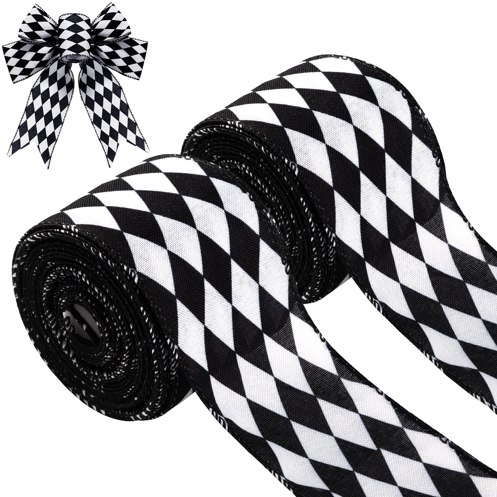 Photo 1 of 2 Rolls Christmas Checkered Ribbon Black and White Check Ribbon Diamond Check Wired Edge Ribbon Diamond Pattern Decorative Ribbons for Christmas Fall Tree Wrapping DIY Crafts (2.6 Inch)