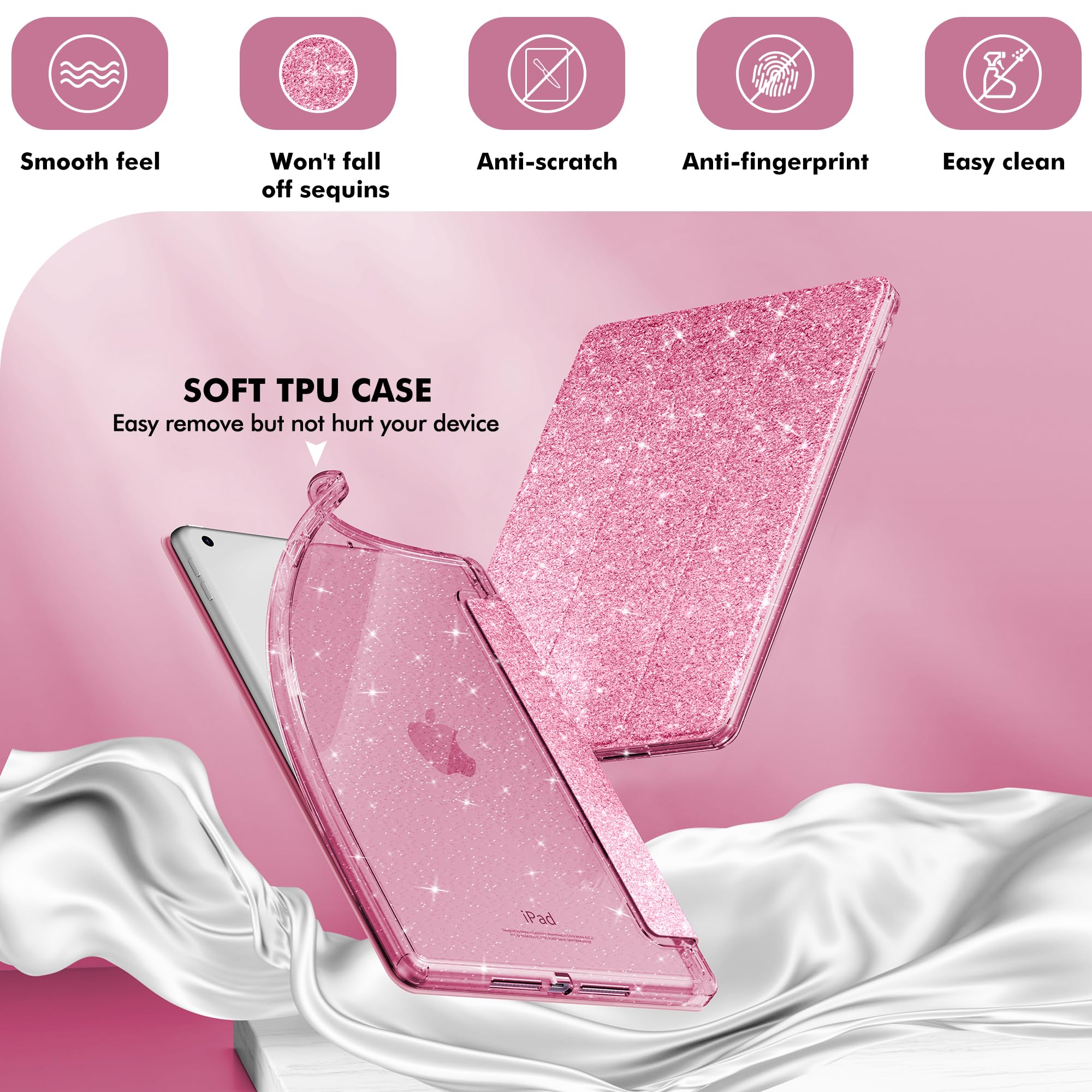 INFILAND for iPad 9th/8th/7th Generation Case 2021/2020/2019 10.2 inch, Glitter Slim Protective Cover with Clear Back, Pencil Holder for Kids Girls for iPad 7/8/9 Gen, Pink