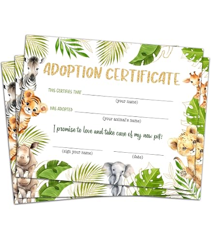 Jungle Wild Plush Pet Adoption Certificates - Set Of 10 Fill-in Cards, 5x7 Inches, For Kids' Birthday Parties - View #10