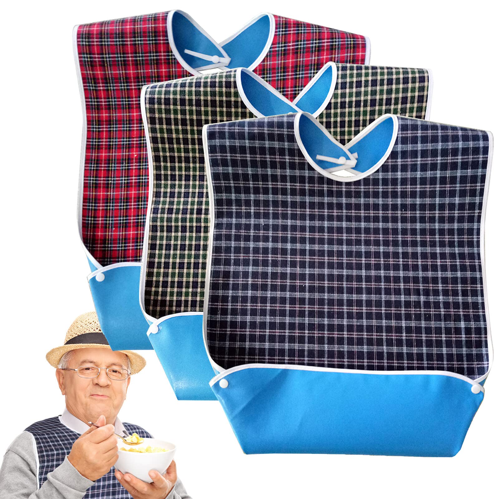 Eldly Bibs - 3 Pack Waterproof Adult Bib with Snaps, Reusable and Washable Dining Bibs for Elderly, Clothing Protector for Men Women and Disabled (Blue, Green, Red)