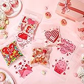 Motiskyy 96 Pcs Valentine's Day Cellophane Gift Bag 9 Inch Love Heart Print Candy Treat Bag with Handles for Valentine's Day Wedding Anniversary Party Supplies Exchange Prizes