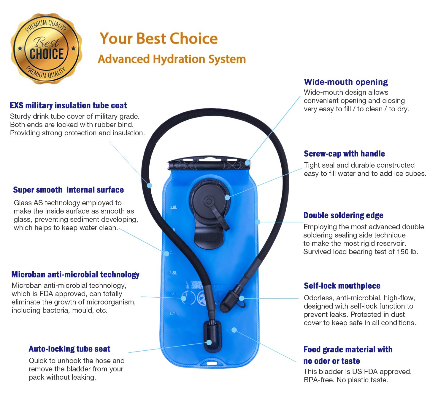 Amazon BONL Emerald Hydration Bladder 3 L Military Quality Water Reservoir 3 Litres Blue Cleaning Kit Sports & Outdoors