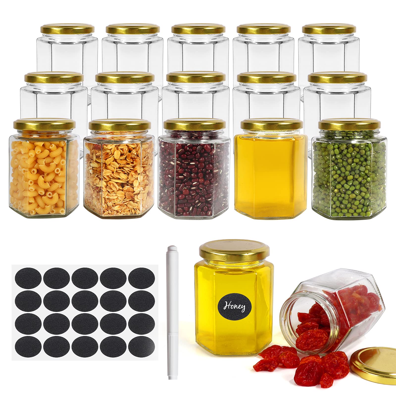 15 Pack Hexagonal Glass Jars with Gold Lids - 6 oz, 180 ml Clear Glass Canning Jars for Honey, Spices, Herbs, Jams, Shower Favors, Wedding Favors, Craft - 1 Pen and Labels Included