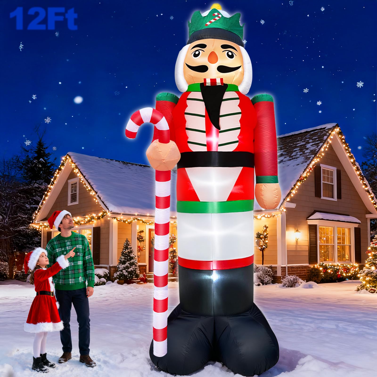 Photo 1 of 12 Ft by 5.9 Ft Christmas Inflatables Nutcracker Outdoor Decorations, Giant Christmas Blow up Hold Candy Cane Built in LED Lights, Xmas Inflatable Decor Holiday Party Yard Garden Lawn