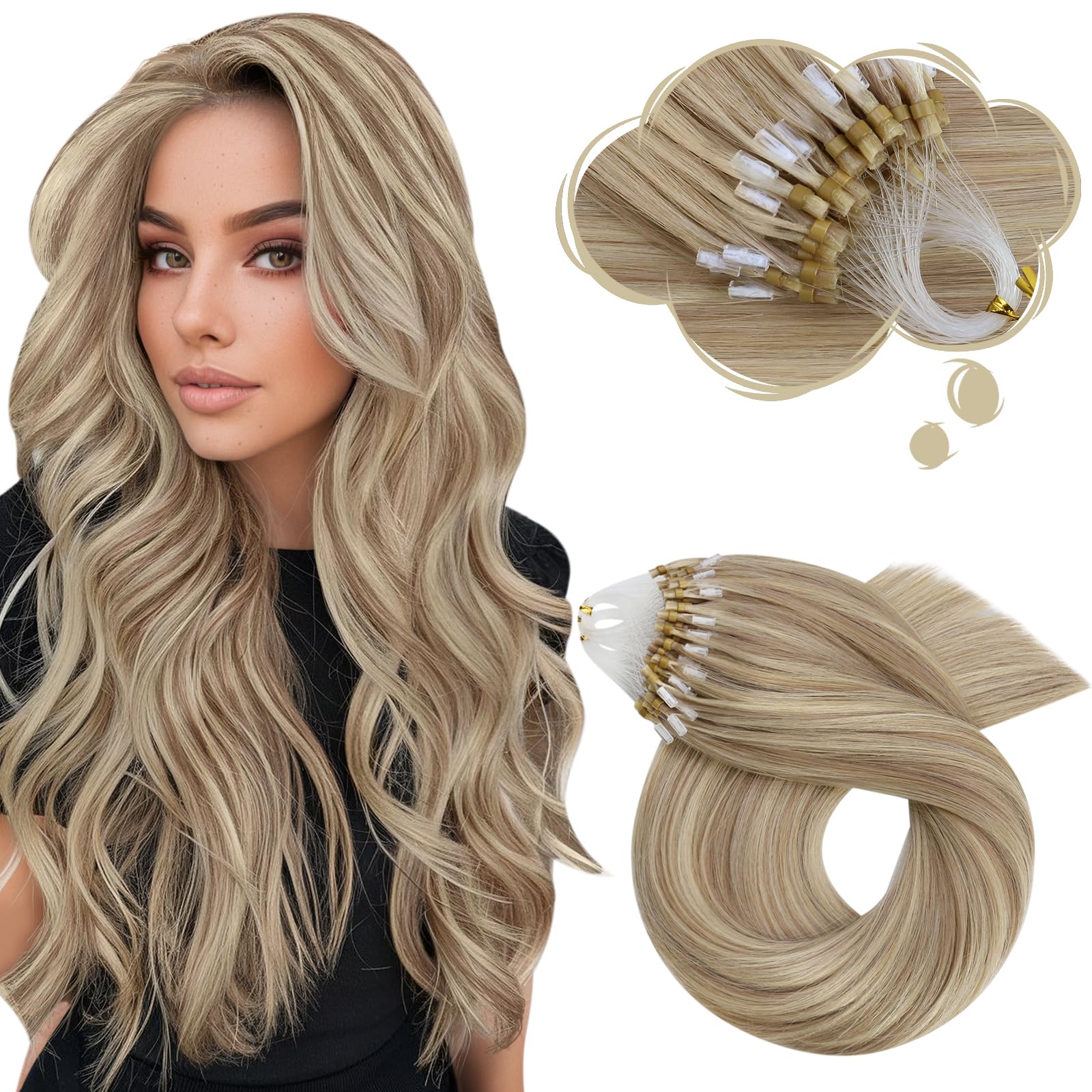 Moresoo Micro Loop Hair Extensions Real Human Hair 20 Inch Highlight Micro Beads Hair Extensions Real Hair Dark Honey Blonde with Medium Blonde 1g/s 50g/Pack #16/22 — image 1
