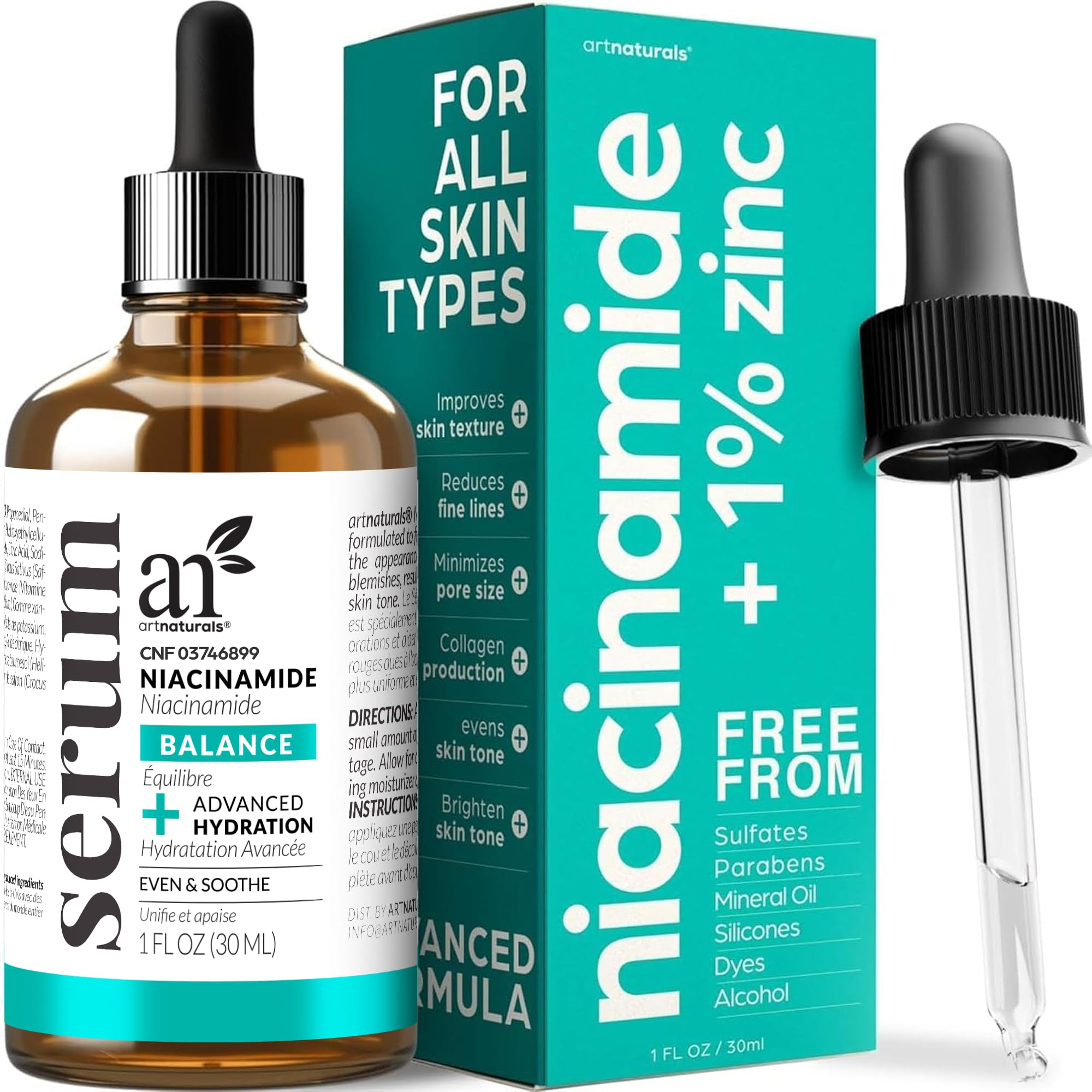 artnaturals Niacinamide Face Serum - Advanced Serum with Hyaluronic Acid - Vitamin B3, Saffron and Sunflower Oil - Pore Reducer - 30ml