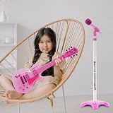 Magic Toy Shop Kids Guitar Microphone Set Pink 6 Strings Demo Songs Stand Ages view 2