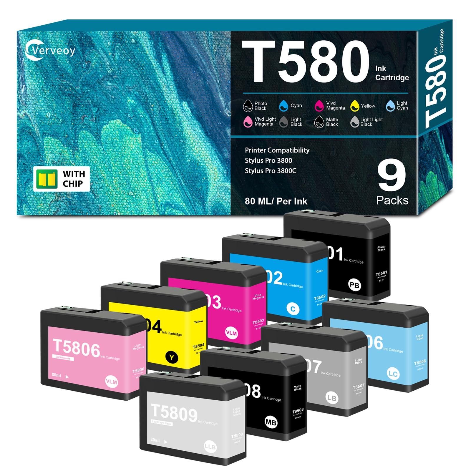 Photo 1 of T580 Ink Cartridges High Capacity Remanufactured for T5801 T5802 T5803 T5804 T5805 T5806 T5807 T5808 T5809 Ink Set 80ML Replacement for Stylus Pro 3800 Series Printer Ink (9-Pack)