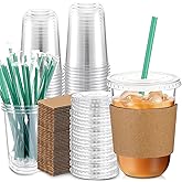 Baderke 25 Set Plastic Cups with Lids and Straws and Cup Sleeve, Disposable Plastic Iced Coffee Cup for Cold Beverage Juice Smoothie Crystal for Coffee Shops Party Catering (16 oz)