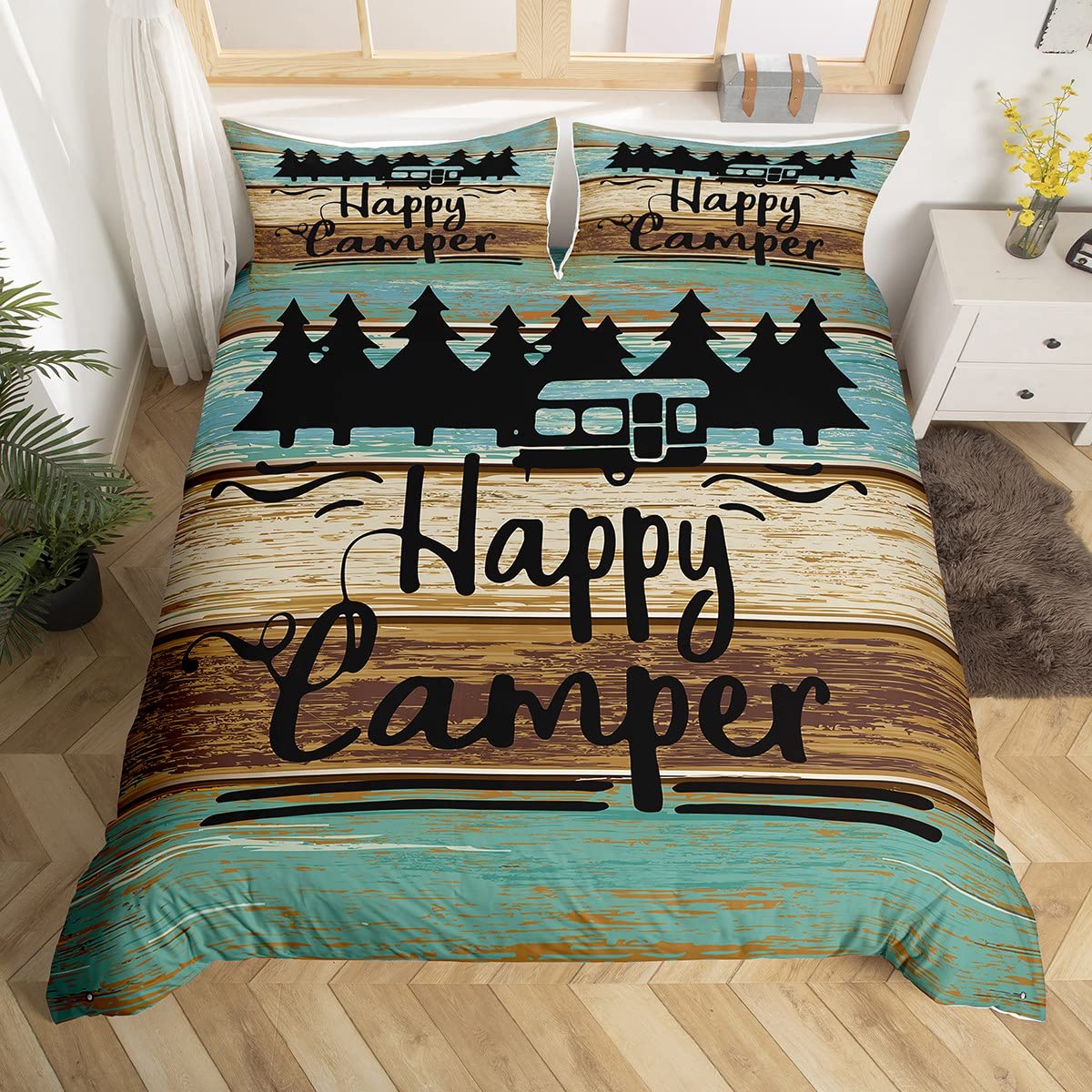 Loussiesd Camper Bedding Set Great Camping Duvet Cover for Kids Adults 1 Duvet Covers (No Comforter) King Size