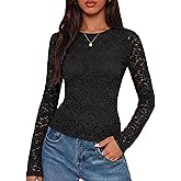 Simlakey Womens Lace Long Sleeve Tops Mesh Tee Blouse Layering Shirt Crew Neck Slim Fit Shirts Floral Sexy Going Out Tunics