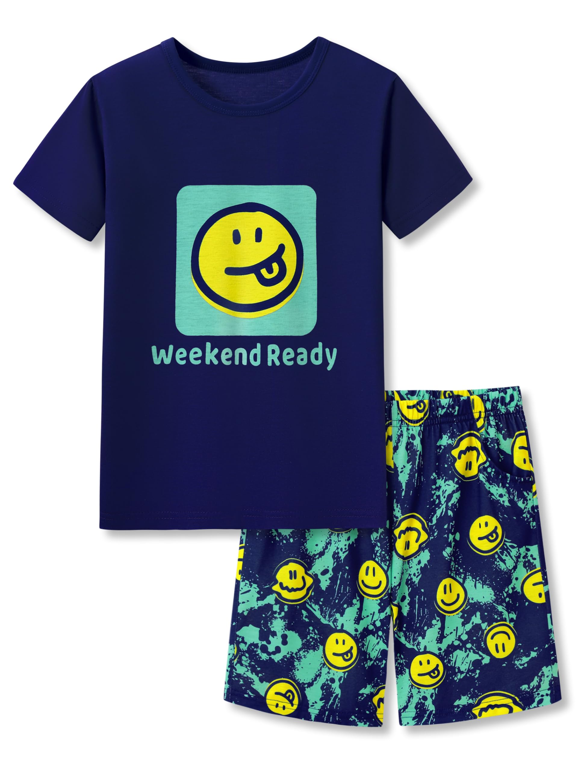 Photo 1 of Tebbis Pajamas For Boys Fun Face Navy Blue Short Sleeves 2-Piece PJs Set Kid Comfy Sleepwear Size 8